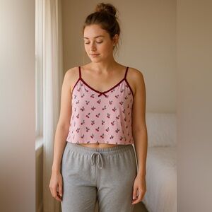 Colsie Women's Cami Pajama Top sz L Cranberry Holly Print Christmas Holiday